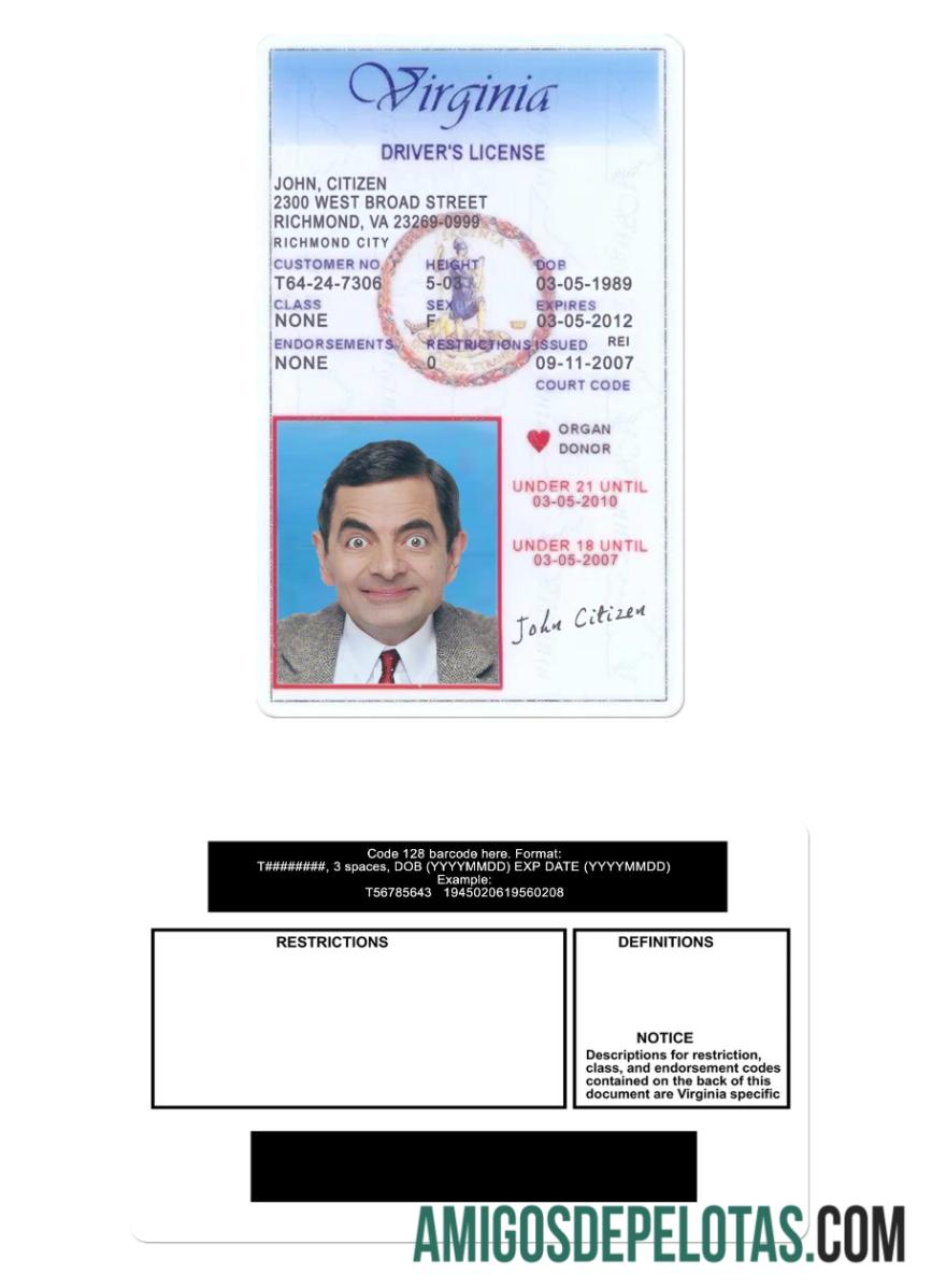 Carta de condução dos EUA na Virgínia com menos de 21 anos exemplo real